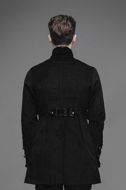 Black Fake Two Pieces Embroidered Turn Down Collar Long Sleeves Velvet Mens Gothic Coat