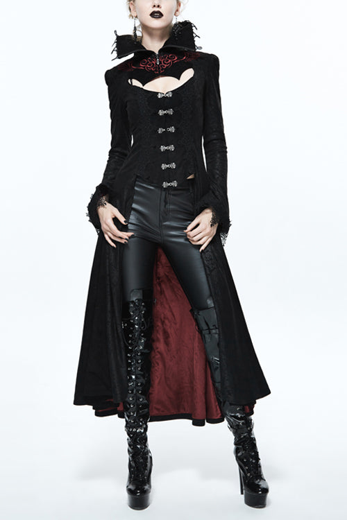 Black And Red Floral High Collar Embroidered Womens Gothic Coat