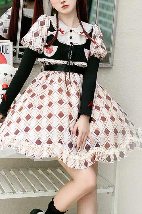 Pink Doll Collar Bubble Long Sleeve Ruffled Plaid Print With Vest Sweet Lolita OP Dress