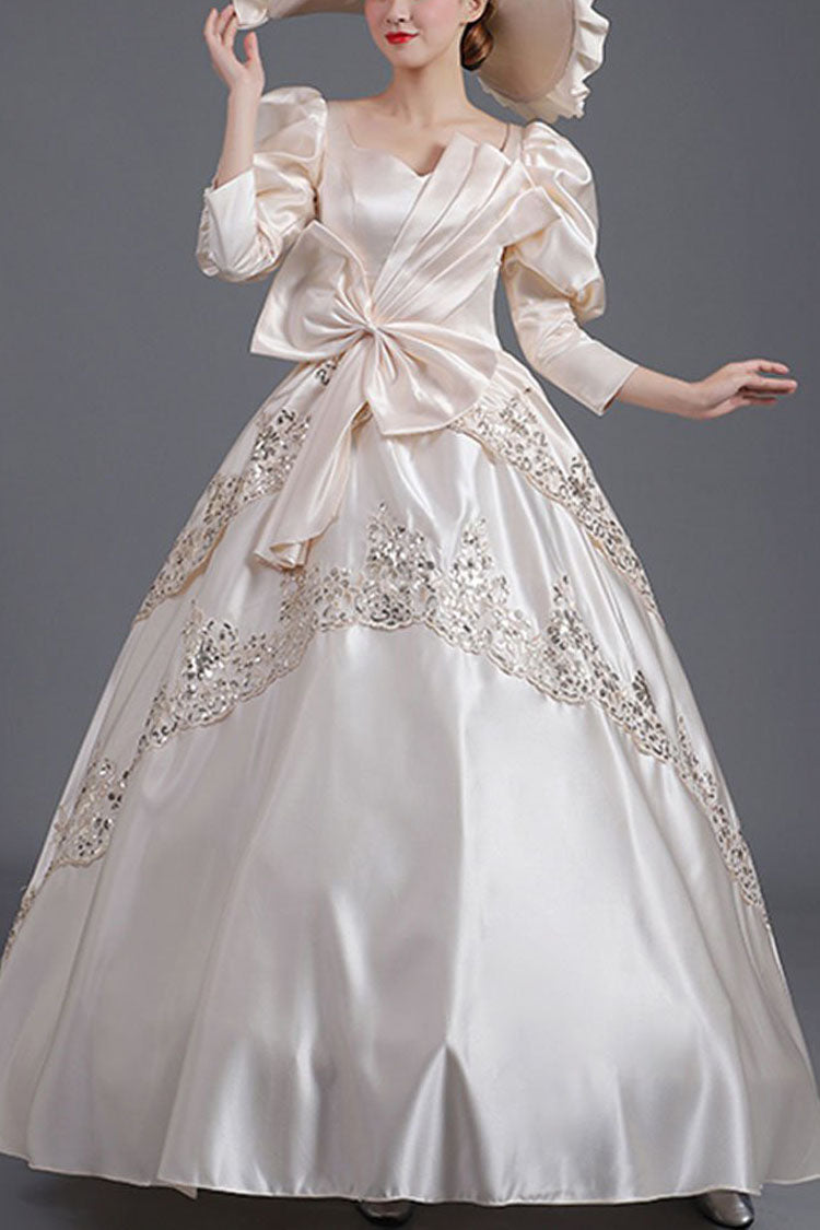 Champagne Half Sleeves Asymmetric Big Bowknot High Waisted Hollow Embroidery Print Victorian Lolita Prom Dress