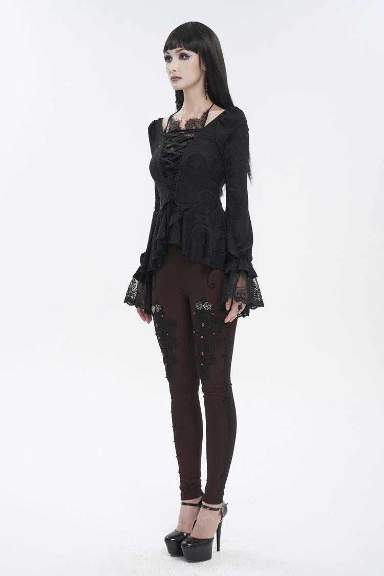 Black Ruffled Lace Splice Women's Gothic Shirt