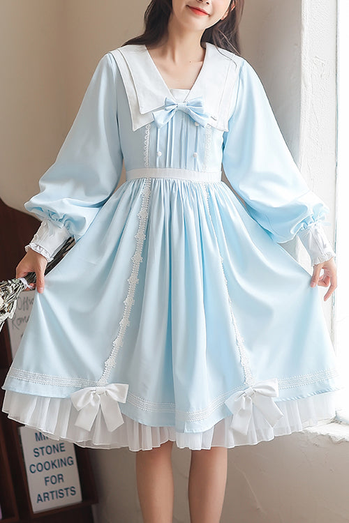 Süßes Lolita OP-Kleid mit Reverskragen, Laternenärmeln, hoher Taille und Schleife