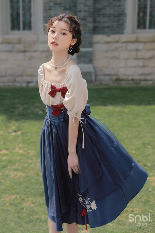 Blue Square Collar Bubble Short Sleeves High Waisted <Runaway Snow White> Sweet Lolita OP Dress