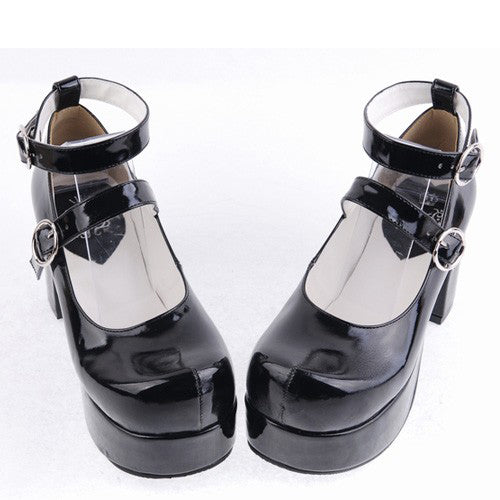 Black Synthetic Leather Round Toe Cross Straps Platform Lolita Shoes