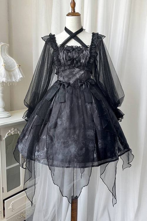 Black Ruffled Strap Mesh Lantern Sleeves High Waisted Irregular Hem Gothic Lolita OP Dress
