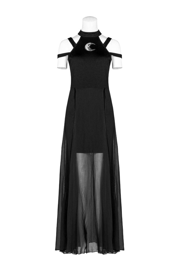 Black Lunar Printed Mesh Stitching Long Women's Gothic Dress