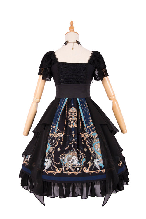 Black Lace Short Sleeve God Redemption Print Gothic Lolita Dress