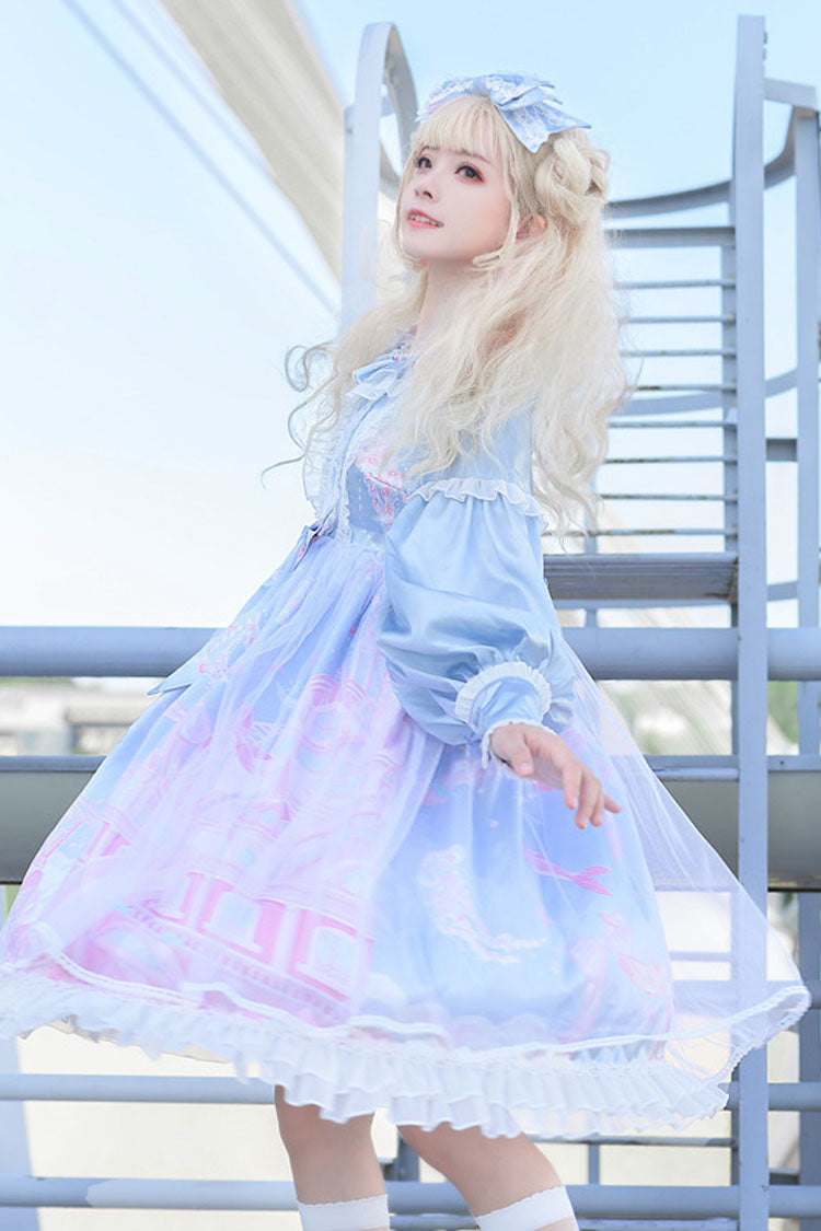 Sky Blue Dreamy Deep Sea Theater Print Bowknot Long Sleeves Princess Sweet Lolita OP Dress