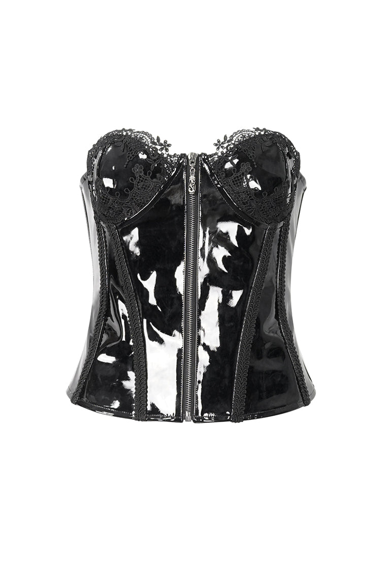 Black Lace Splice Patent Leather Women's Punk Overbust Corset