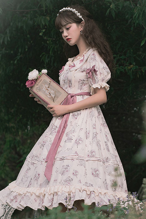 White Flower Print Short Sleeves Bowknot Ruffled Sweet Lolita OP Dress