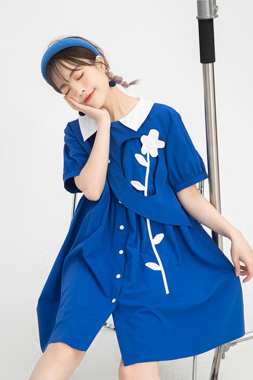Blue Lapel Collar Short Sleeve High Waist Single Breasted Sweet Lolita Dress