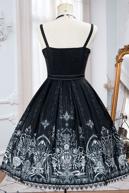 Dunkelschwarzes Auge mit rotem Herz-Print, quadratischem Kragen, Kreuz, hoher Taille, Gothic-Lolita-JSK-Kleid
