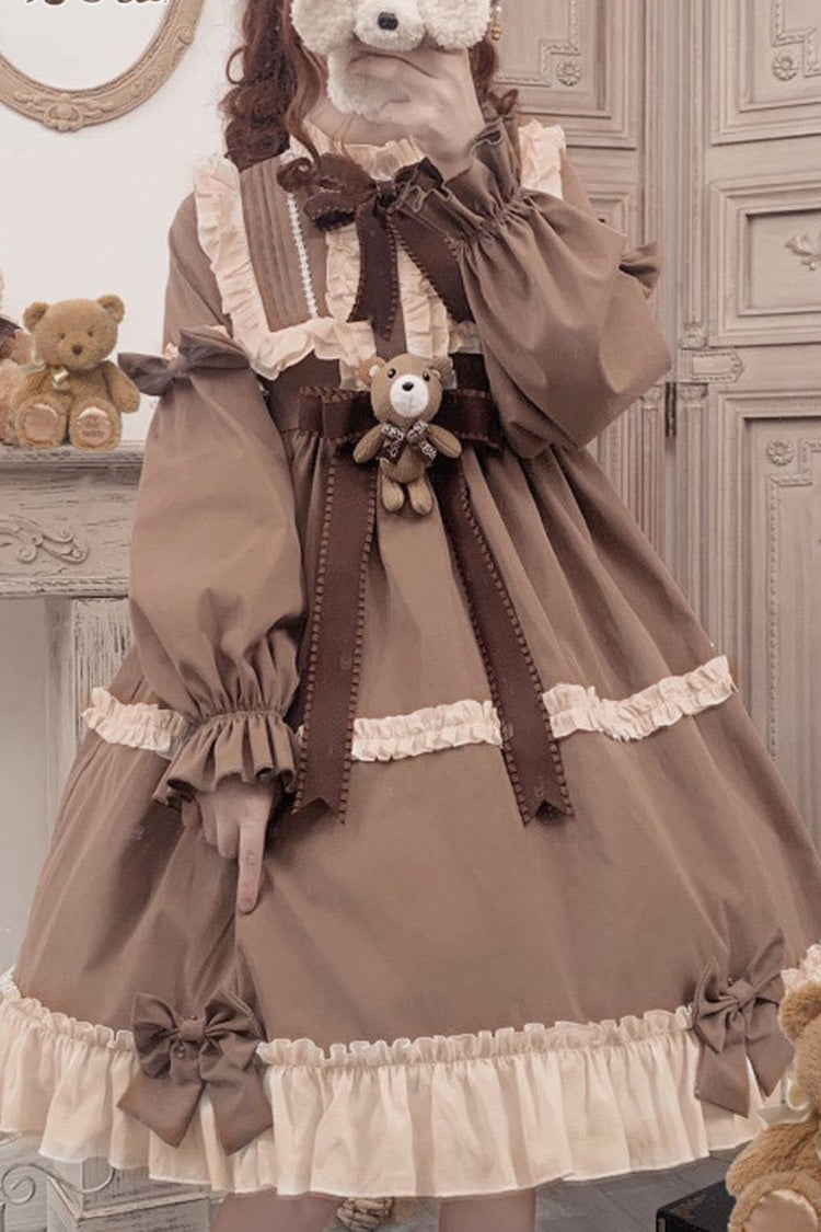 Brown Caramel Teddy Bear Round Collar Long Sleeve Stitching Bowknot Ruffled Sweet Lolita OP Dress