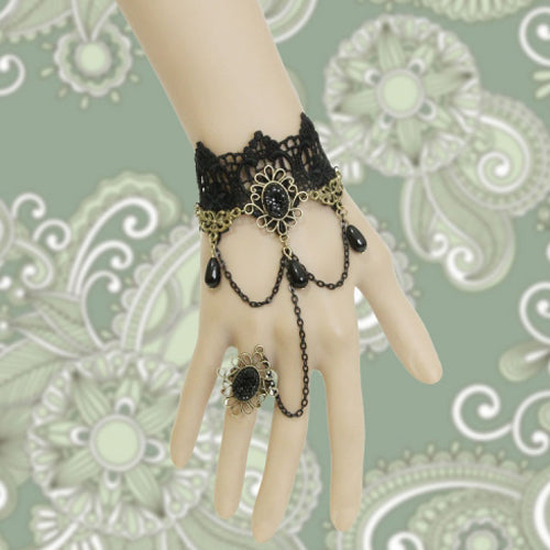 Black Retro Christmas Festive Lace Edge Pearl Wishing Female Gothic Lolita Ring Bracelet