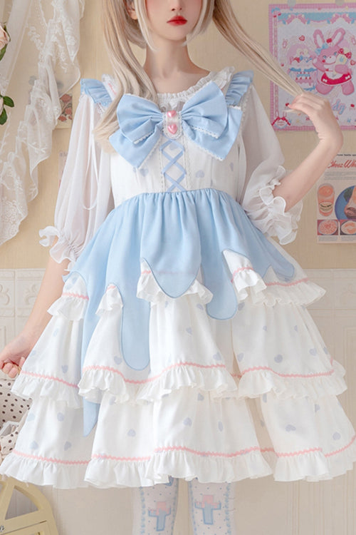 White/Blue Multi-Layer Ruffled High Waist Sweet Lolita Layered JSK Dress