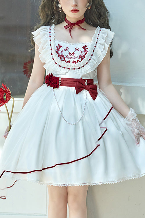 White Square Collar Ruffled Strap Waist Bow Sweet Lolita JSK Dress