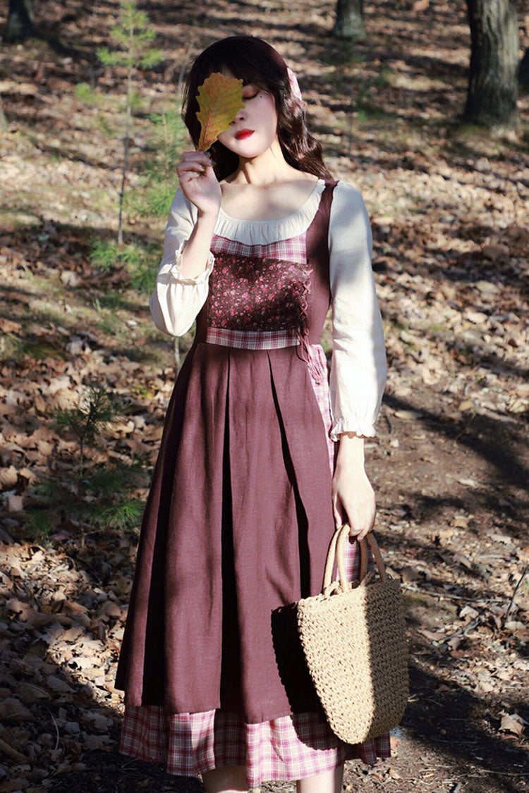 Brown French Retro Pastoral Style Long Sleeves Stitching Plaid Crinkle Sweet Lolita OP Dress (Headkerchief is included)