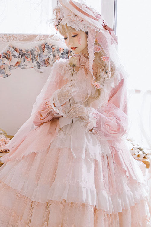 Pink Hanayome Long Sleeves Bowknot Multi-Layer Ruffled Sweet Lolita OP Tiered Dress