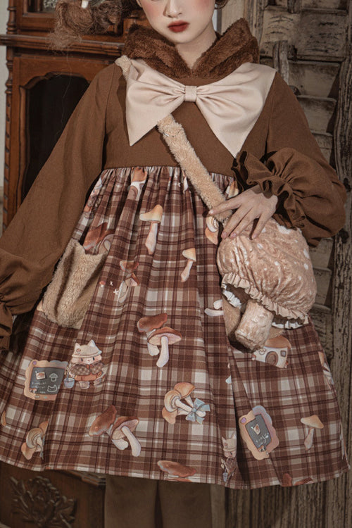 Brown Chest Big Bow Lantern Sleeves Mushroom Print With Hat Sweet Lolita OP Dress
