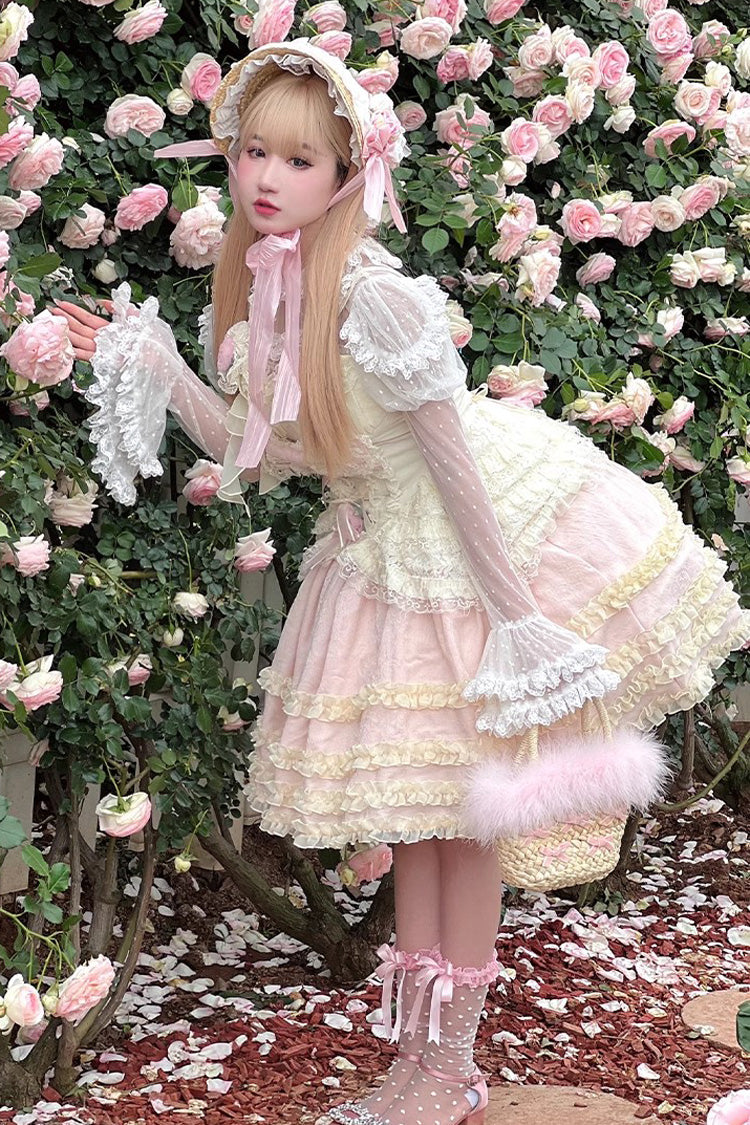 Pink/Yellow Dream Lace Romantic Bowknot Princess Sweet Lolita Skirt Dress