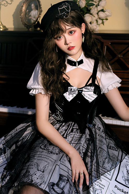 Black Fake Two Pieces Vintage Printed Irregular Hem Classic Lolita Dress