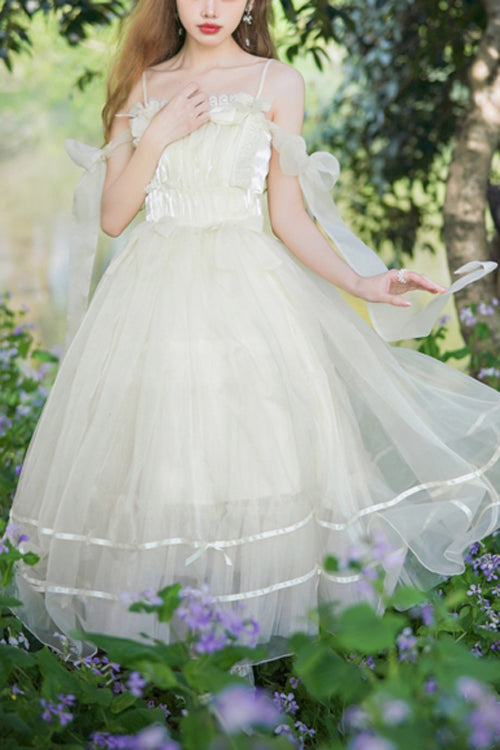 Beige Small Ballet High Waisted Bowknot Chiffon Long Version Sweet Lolita JSK Dress