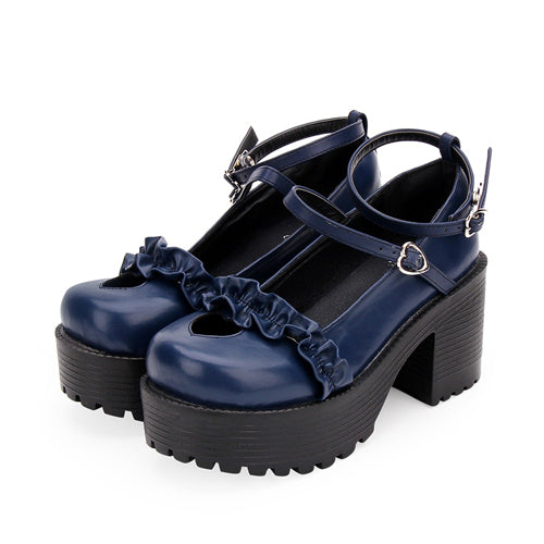 Round Toe Hollow Out Heart Shape Ruffle School Sweet Lolita Shoes