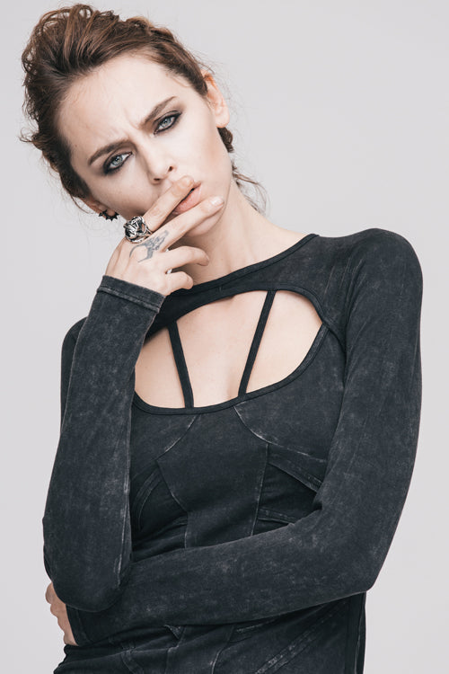 Black Hollow Out Long Sleeves Womens Punk Straps T-Shirt
