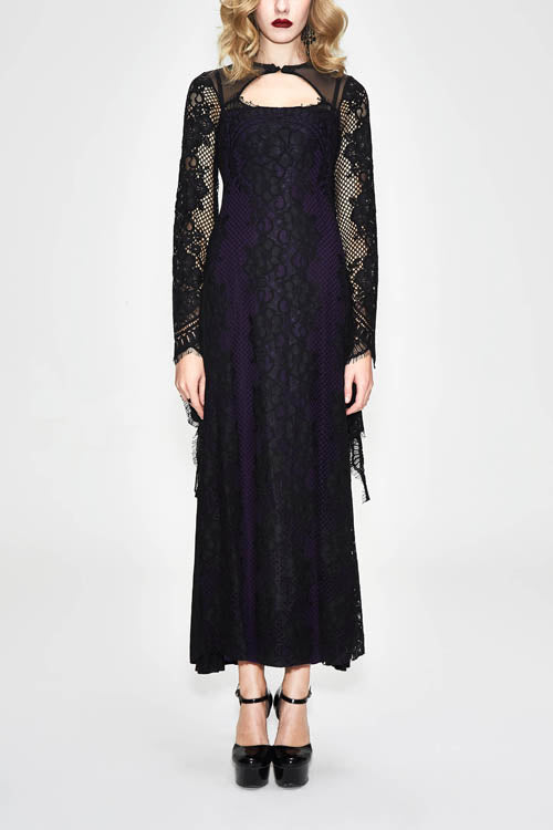 Gothic Positioning Flower Elegant Lace Flared Long Sleeves Womens Dress