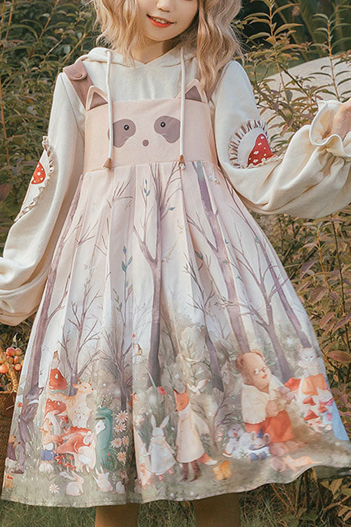 Light Pink Raccoon Print and Ears Round Collar High Waisted Autumn Winter Sweet Lolita JSK Dress