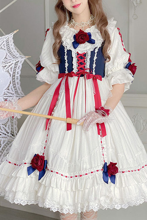 Blue/White Round Collar Bowknot Short Sleeves Multi-Layer Ruffled Sweet Lolita OP Tiered Dress
