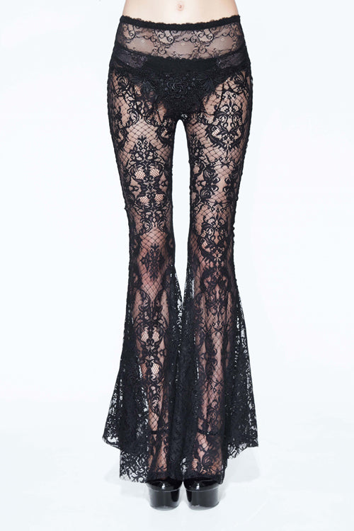 Black Sexy Transparent Lace Bellbottoms With Bead Chain Womens Pants