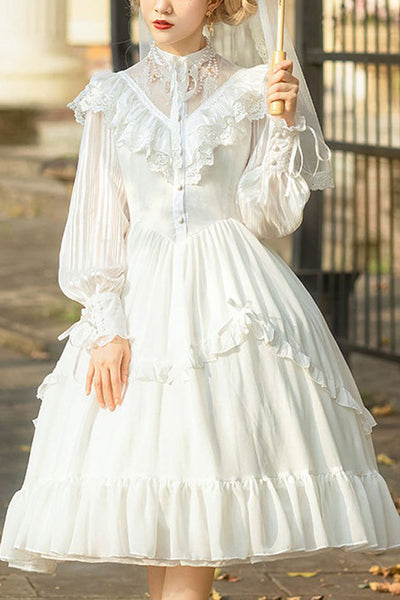White Hollow V Neck Long Sleeves Bowknot Hanayome Ruffled Gothic Lolita Dress LolitaInside White Hollow V Neck Long Sleeves Bowknot Hanayome Ruffled Gothic Lolita Dress LolitaInside
