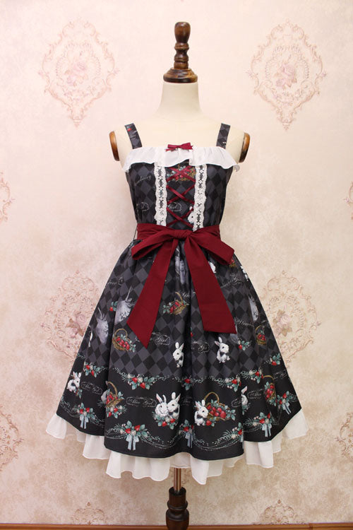 Strawberry Bunny Print Bowknot Ruffled Sweet Lolita JSK Dress 4 Colors