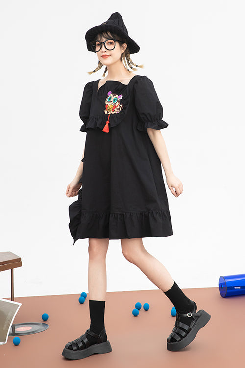 Black Ruffled Square Collar Cute Tiger Embroidered Bubble Short Sleeves High Waisted Sweet Lolita Dress
