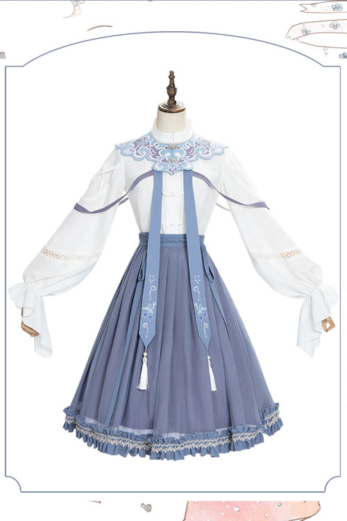 White/Blue Chinese Style Hollow Long Sleeve Classic Lolita Dress Full Set