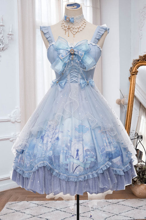 Blue Whale In The Ocean Print Bowknot Princess Multi-Layer Ruffled Sweet Lolita JSK Dress