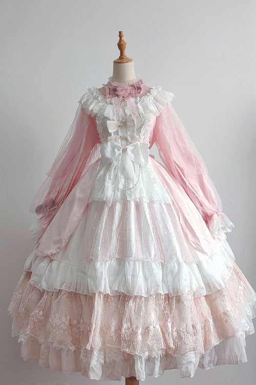 Pink Hanayome Long Sleeves Bowknot Multi-Layer Ruffled Sweet Lolita OP Tiered Dress