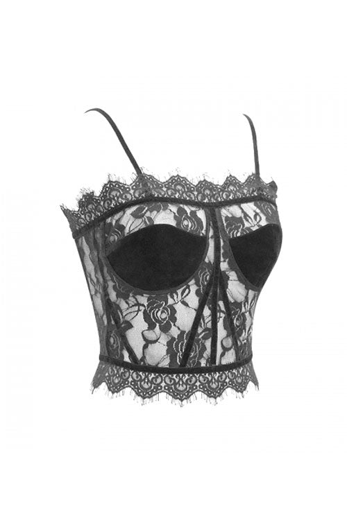 Black Adjustable Flocking Ribbons Decorated Lace Halter Gothic Corset