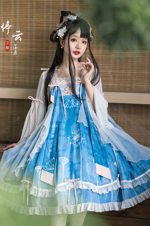 Original Chinese Han Elements Improved Lotus Print Sweet Hanfu Dress Full Set