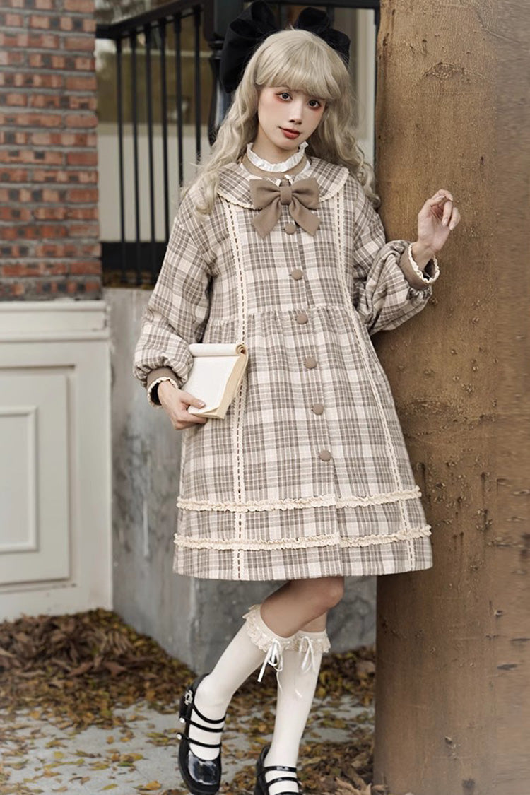 Light Brown Doll Collar Long Sleeves Multi-layer Print Bowknot Sweet College Style Lolita Dress Coat