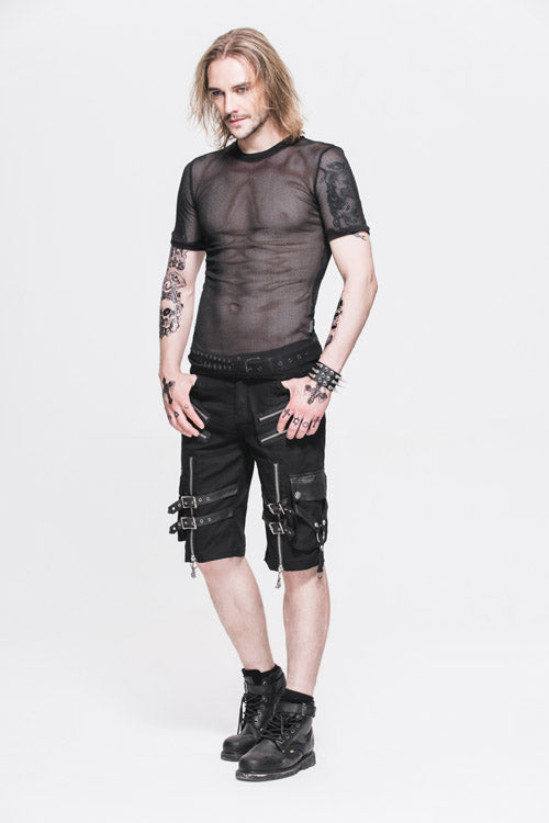 Black Diamond Shaped Mesh Round Neck Short Sleeves Punk Mens Tops T-Shirt
