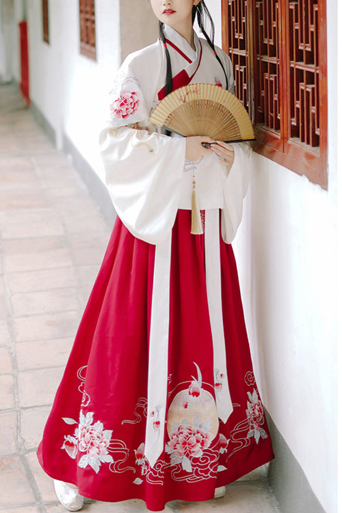 Red/White Chinese Style Ming Dynasty Ancient Costume Cross Collar Handmade Embroidery Sweet Hanfu Dress Two Piece