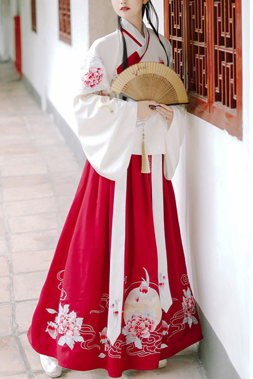Rot/Weiß Chinesischen Stil Ming Dynastie Antike Kostüm Kreuz Kragen Handgemachte Stickerei Süße Hanfu Kleid Zwei Stück