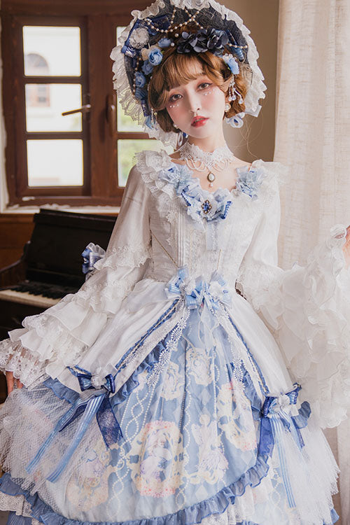 Blue/White Three Dimensional Flower Embroidery Hanayome Long Sleeves Bowknot Multi-Layer Ruffled Sweet Lolita OP Dress