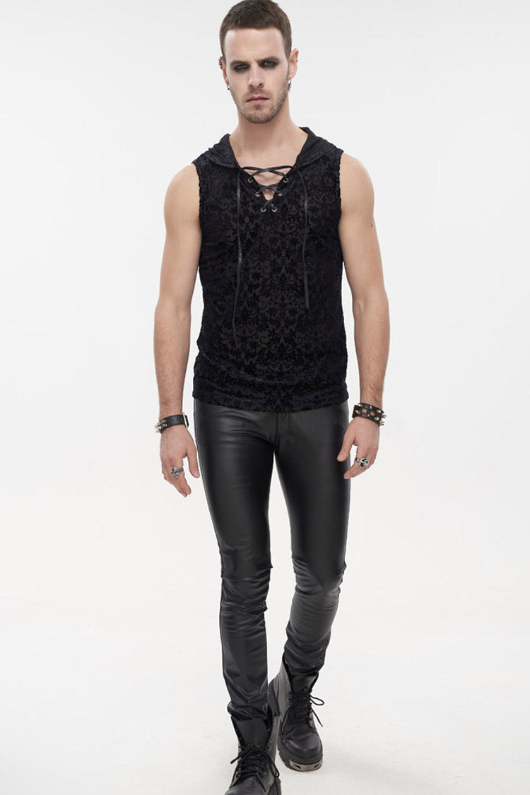 Black Punk Velvet Jacquard Chest Tie Sleeveless Hooded Men's Shirt