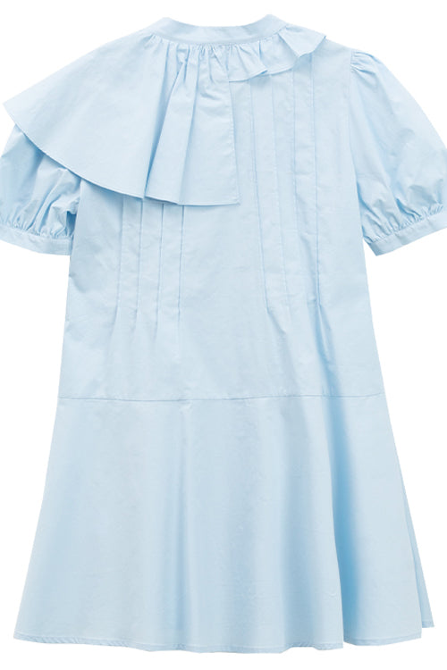 Blue Irregular Ruffled Round Collar Bubble Short Sleeves Waist With Flower Accessories High Waisted Sweet Lolita Dress