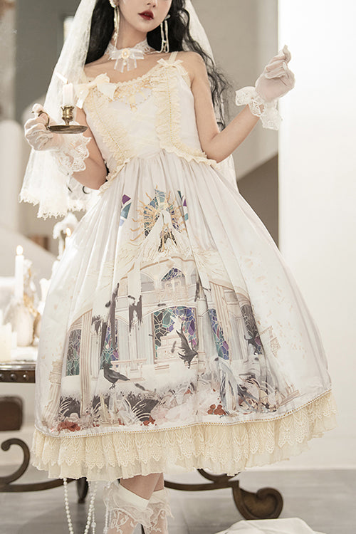 Beige Elegant Vintage Gorgeous Hymn Print High Waisted Sweet Lolita JSK Dress