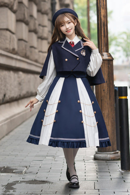 Blue/White Suit Collar Double Breasted High Waist College Style Sweet Lolita Dress Full Set