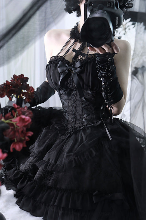 Dark Black Tube Top Sleeveless Blowknot Ruffled Gothic Lolita Tiered Dress